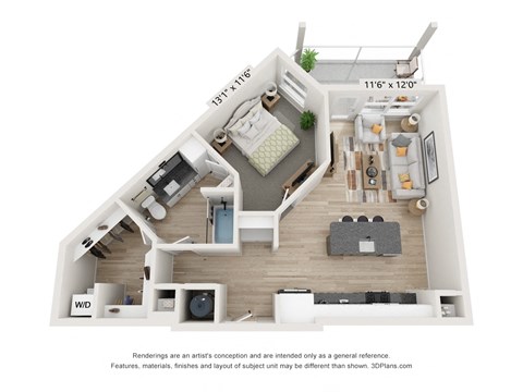 Floor plan for 1 bed, 1 bath, 773 sqft